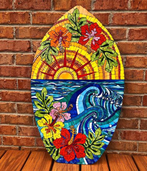 Lori Harris-Farr on Instagram: “Mosaic Skim Board is grouted. I am super happy with how it came out. Black grout really popped the details. The hibiscus flowers remind me…” Skim Board, Instagram Mosaic, Palm Frond Art, Black Grout, Palm Fronds, Super Happy, Grout, Hibiscus Flowers, The Details