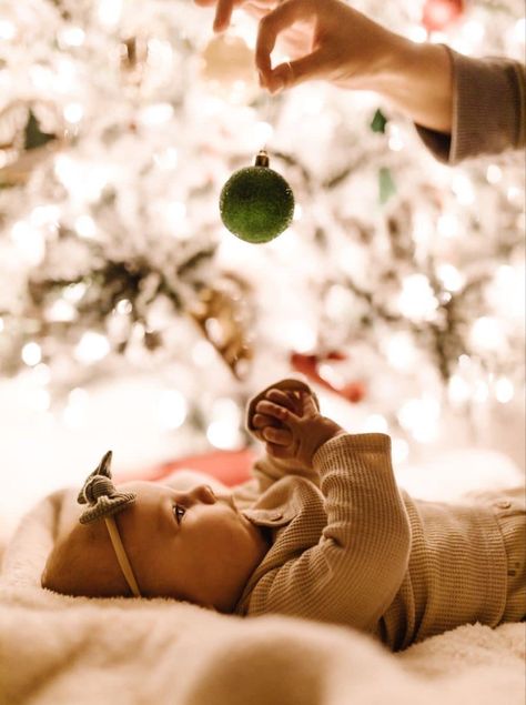 Baby And Christmas Tree Photo, Christmas Photos Of Baby, Home Baby Christmas Pictures, Newborn Photos Christmas Tree, Baby With Christmas Tree, Baby Photo Christmas Ideas, Newborn By Christmas Tree, Baby Pictures For Christmas, Baby In Box Christmas Photo