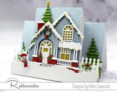 Have you seen the Rubbernecker Christmas In July 2022 Release? If not, get on over there! If yes, then you saw the Tabbed House and Snow Accessories for House set and this card is one of the results of my getting to play with them ahead of time. All these amazing die cut architectural and seasonal details are so easy to create and then coloring and assembling them was so fun. Watching this scene come to life is the best! Pin this as a Christmas card or even as a new home card. Christmas Village Cards, Snowy House, Xmas Village, Center Step Cards, Cardmaking Techniques, House Cards, Friend Cards, Handmade House, Tarjetas Pop Up