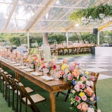 MEGAN & RYAN CURRY Floral Backyard Wedding, Spring Tent Wedding, Spring Wedding Venue Ideas, Spring Indoor Wedding, Checkered Dance Floor Wedding, Printed Dance Floor, Wedding Garden Theme, Wedding Ideas Colorful, Spring Backyard Wedding