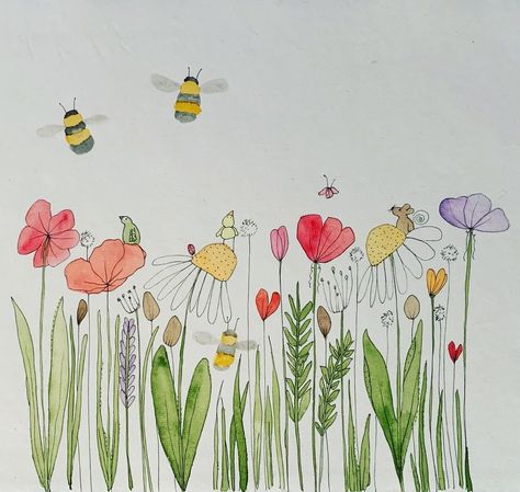 Wildflower Painting Easy, Flower Field Illustration, Wildflower Watercolor, Bag Painting, Wildflower Paintings, Art Whimsical, Suns Out, Bee Art, Watercolor Inspiration