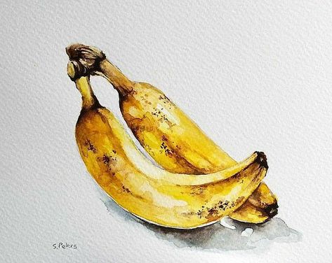 Origami Drawing, Painting Banana, Fruit Art Drawings, Vegetable Painting, Fruits Drawing, Banana Art, Watercolor Food, Watercolor Fruit, Oil Pastel Drawings