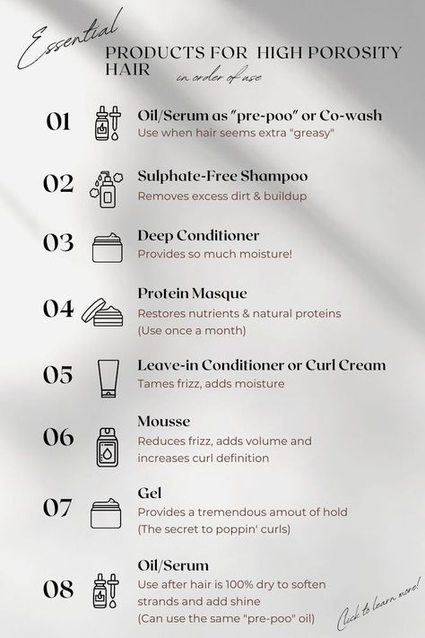 The essential curly hair products for your curly girl method and routine you should have High Porosity Curly Hair, Frizzy Wavy Hair, Slicked Back Ponytail, High Porosity Hair, Curly Hair Care Routine, Curly Hair Products, High Hair, Essential Products, Hair Porosity