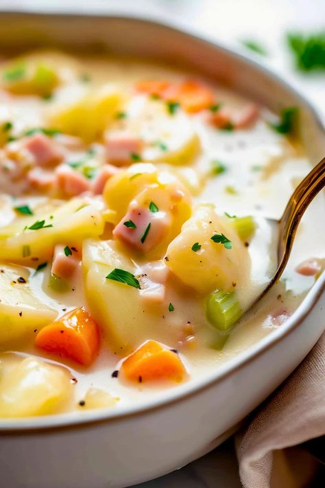 This ham and potato soup is rich, creamy, and so satisfying! It's loaded with ham and potatoes but also carrots, celery, and onions. Warm up with a bowl today! Potato Soup With Carrots And Celery Recipe, Soup With Ham In It, Potato Soup With Carrots And Celery, Potatoes And Ham Soup, Easy Ham And Potato Soup, Potato Soup With Ham, Potato Ham Soup, Potato And Ham Soup, Potato Soup Creamy