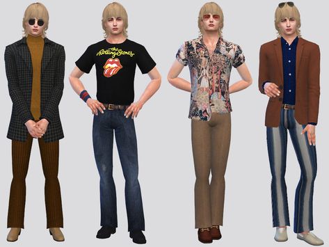 Men Fashion 70s, 80s Clothes Men, 80s Men Fashion, Hippy Pants, Sims 4 Decades Challenge, Sims 4 Body Mods, Fashion 70s, Sims 4 Teen, Sims 4 Toddler