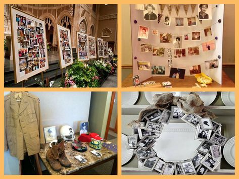 Picture Boards For Funerals Ideas Diy, Memorial Service Photo Display Ideas, Memory Boards For Funerals Ideas, Picture Boards For Funerals Ideas, Memory Boards For Funerals, Memory Board Diy, Pallet Picture Display, Memorial Service Decorations, Remembrance Table