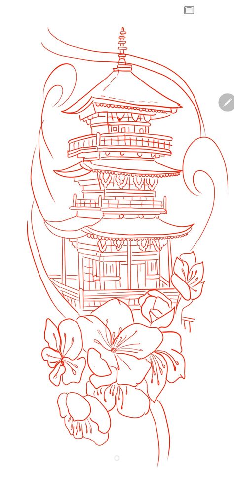 Chinese Tower Tattoo Women, Japanese Tower Tattoo Design, Japanese Tattoo Filler Ideas, Chinese Tattoo Stencil, Shinto Shrine Tattoo, Shoulder Tattoo Drawings, Chinese Building Tattoo, Japanese Temple Tattoo Stencil, Chinese House Tattoo