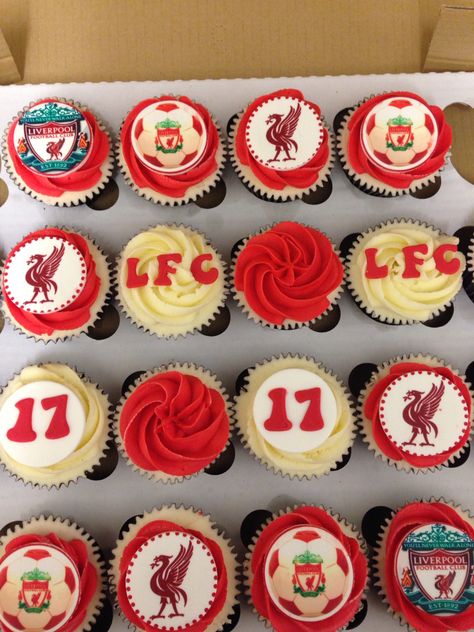 Liverpool cupcakes Liverpool Birthday Party Ideas, Liverpool Birthday Party Decorations, Liverpool Party Ideas, Liverpool Birthday Cake For Men, Liverpool Cupcakes, Liverpool Cake Ideas Birthday, Lfc Cake, Liverpool Fc Cake, Liverpool Cake