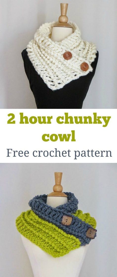 Super-quick, super-easy 2 hour chunky cowl free crochet pattern. Uses super bulky yarn of your choice for a thick and warm cowl. Crochet Cowl Patterns, Corak Krusye, Crocheted Shawls, Cowl Patterns, Infinity Scarfs, Crochet Cowl Free Pattern, Crochet Scarfs, Neck Warmers, Crochet Baskets