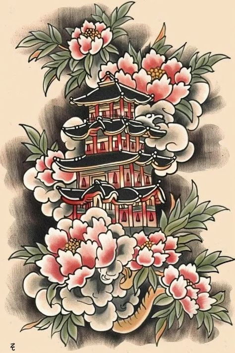 Tattoo idea: tattoo sketch Castle growing out of a cloud. Japanese Houses Tattoo, Japanese Castle Tattoo, Houses Tattoo, Sketch Castle, Tattoo Cherry Blossoms, Tattoo Cherry, Symmetrical Tattoo, Japanese Houses, Castle Tattoo