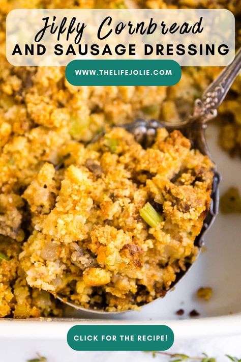 Whether you call it dressing or stuffing, classic Jiffy Cornbread Dressing recipe is a surefire way to turn a non-believer into a stuffing lover. This easy side dish is a must-have at any Thanksgiving table! Cornbread Dressing Using Jiffy, Easy Cornbread Dressing With Jiffy, Corn Bread Jiffy Stuffing, Jiffy Cornbread Dressing Recipes, Jiffy Cornbread Dressing, Easy Cornbread Dressing, Sausage Dressing, Cornbread Dressing Recipe, Best Thanksgiving Turkey Recipe