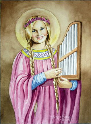 St. Cecilia Archives - Teresa Satola Saint Cecilia Costume, Flower Crown Tutorial, Saint Costume, Saint Cecilia, St Cecilia, All Saints Day, Wooden Pegs, Patron Saints, Peg Dolls