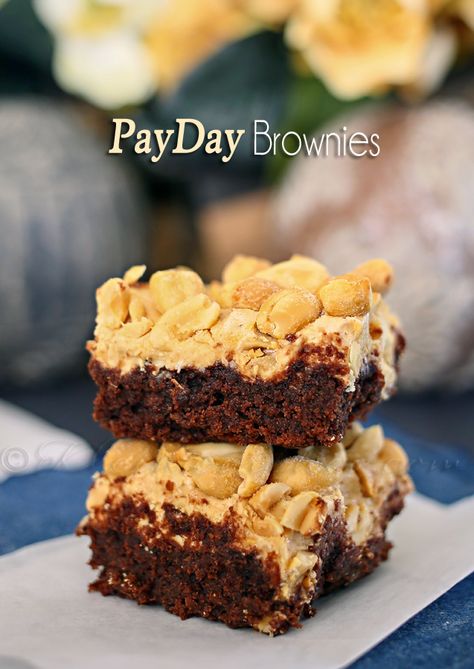 PayDay Brownies  on MyRecipeMagic.com Maid Rites, Payday Candy, Easy Bar Recipes, Homemade Brownies, Bar Recipes, Bar Cookies, Crispy Treats, Bars Recipe, Brownie Bar