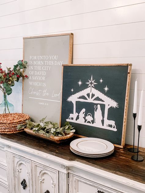 Boho Christmas Wood Signs, Christmas Decorations Christian, Christian Christmas Decor Diy, Christmas Decor Ideas Christian, Christmas Ledge Decorations, Christ Christmas Decor, Christmas Christian Decor, Biblical Christmas Decorations, Christian Christmas Decor Ideas