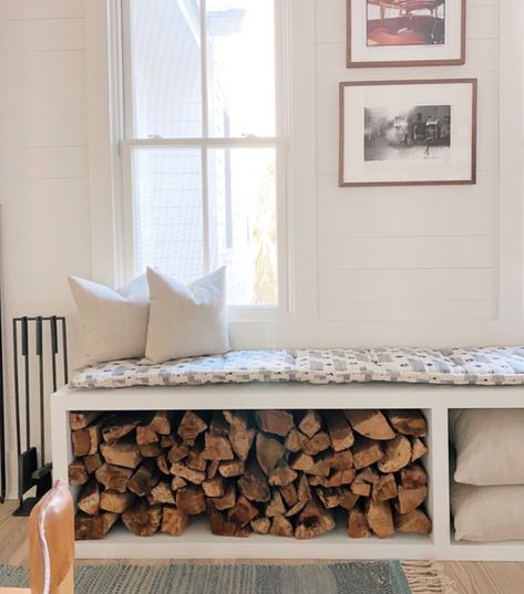 Indoor Log Storage Bench, Bench With Firewood Storage, Firewood Bench Storage, Firewood Storage Bench Indoor, Wood Storage Under Fireplace Hearth, Interior Wood Storage, Wood Storage Inside, Wood Storage For Fireplace, Wood Storage By Fireplace