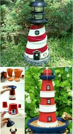 Light house using painted flower pots and other decoration items Clay Pot Lighthouse, Diy Outdoor Space, Lighthouse Crafts, Diy Beach Decor, Nautical Diy, Terra Cotta Pot Crafts, Terracotta Flower Pots, Garden Party Decorations, Flower Pot Crafts