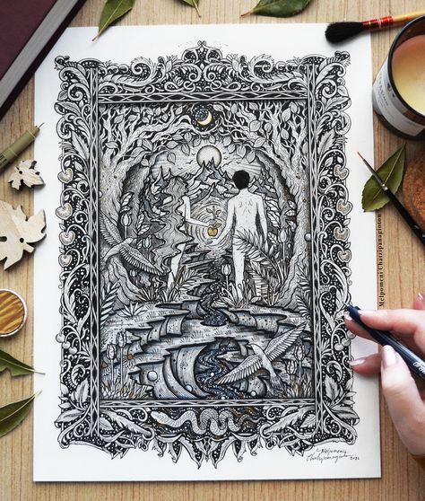 Wood Illustrations, Eden Tattoo, Tarot Cards Art Illustration, Graphic Design Drawing, Nature Illustrations, Garden Tattoos, Wood Illustration, Tarot Cards Art, Drawing Pen