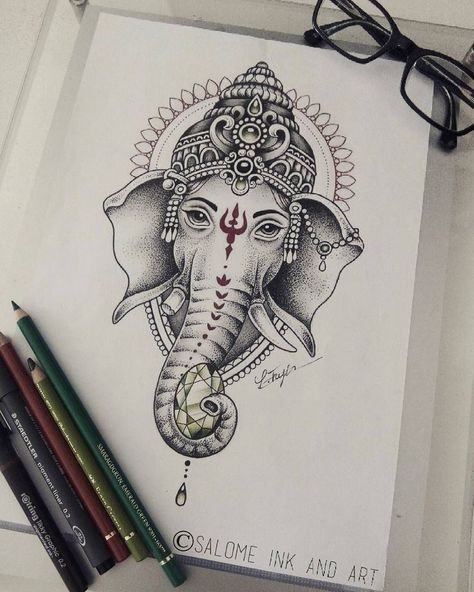 Ganesha Tattoos, Ganesh Tattoo, Ganesha Drawing, Buddha Tattoos, Ganesha Tattoo, Stippling Art, Tattoo Collection, Elephant Drawing, Elephant Tattoo