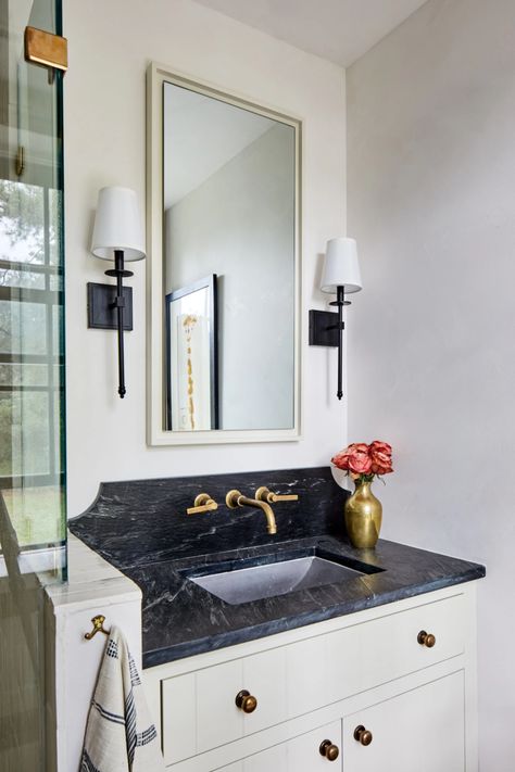 Soapstone Countertops Bathroom, Soapstone Bathroom, Schoolhouse Bathroom, Soapstone Counters, Soapstone Countertops, Green Sink, Bathroom Idea, Vanity Countertop, White Vanity Bathroom