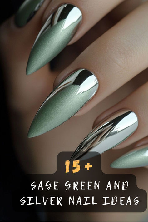 Sage green meets silver for the ultimate nail combo! These 15 nail ideas include minimalist designs, glitter accents, and bold metallics. Click to discover the perfect manicure for your next look! 💅✨ #SageGreenNails #SilverNails #TrendyNailArt #NailInspo #StylishManicure #ChicNails #NailDesignIdeas Sage Green Rhinestone Nails, Silver And Emerald Green Nails, Nails For Sage Green Dress, Green With Chrome Nails, Sage Green Ombre Nails, Green And Silver Nail Designs, Silver And Green Nails, Sage Nails Design, Silver Chrome Nails Designs