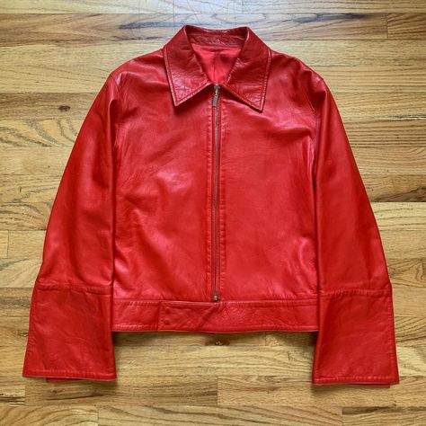 Orange Leather Jacket, Ysl Rive Gauche, Orange Outfits, Red Color Schemes, Orange Outfit, Hedi Slimane, Rive Gauche, Solid Red, Orange Leather