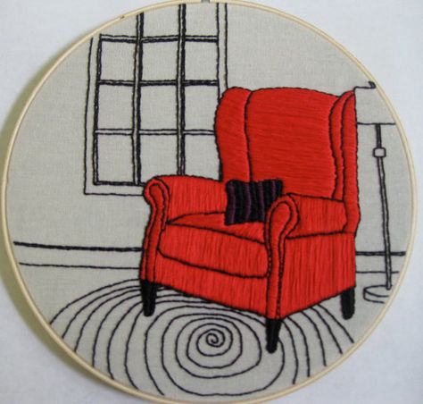 with One Enormous Chair pdf pattern Chair Embroidery, Goodnight Moon, Cozy Furniture, Red Chair, Embroidery Works, Needlework Embroidery, Black Lines, Modern Embroidery, Embroidery Hoop Art