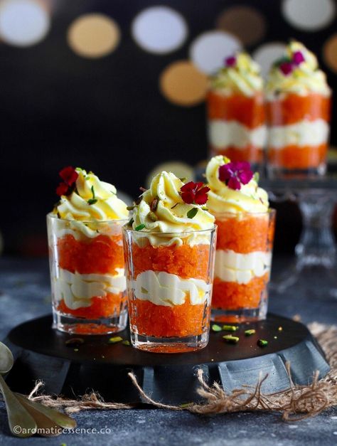 Indian Food Starters, Indian American Fusion Food, Diwali Dessert Table, Fusion Indian Food, Indian Fusion Sweets, Fancy Parfait, Booze Truffles, Fusion Indian Desserts, Bengali Desserts