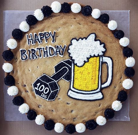 Beer and weights. Cookie cake 21st Birthday Cookie Cake For Guys, Mens Cookie Cake, Birthday Cookie Cake Designs For Men, Cake Decorating Basics, Beer Cookies, Cake Design For Men, Cake For Boyfriend, Cookie Cake Designs, Giant Cookie