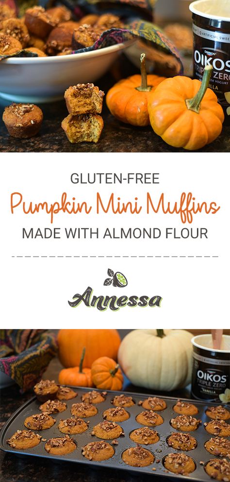 Almond Flour Pumpkin Muffins, Thanksgiving Desserts Pumpkin, Oikos Triple Zero, Mini Pumpkin Muffins, Mini Muffin Recipe, Pumpkin Yogurt, Gluten Free Pumpkin Muffins, Greek Yogurt Muffins, Almond Flour Muffins