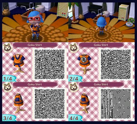 Goku's shirt Qr Code Animal Crossing, Dress Qr Code, Acnl Paths, Animal Crossing Qr Codes, Acnl Qr Codes, Gasai Yuno, Motif Acnl, Animal Crossing 3ds, Animal Crossing New Leaf