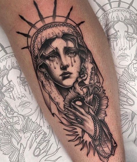 Virgin Mary Tattoos, Mary Tattoos, Mary Tattoo, Chicano Art Tattoos, Religious Tattoos, Traditional Tattoo Art, Painting Tattoo, Tattoo Style Drawings, Tattoo Design Book