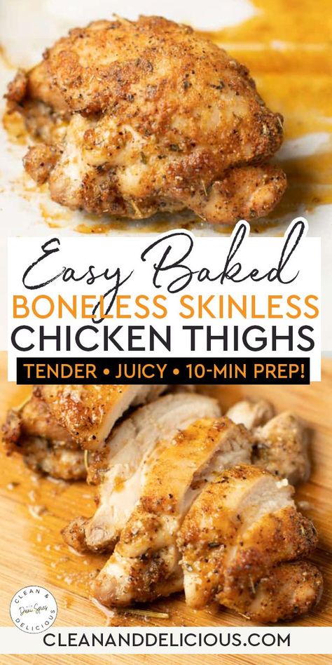 Baked boneless, skinless chicken thighs are inexpensive, delicious, and easy to cook. A simple spice rub is all you need to add tons of flavor before baking them in the oven. The results? Juicy, tender chicken that your whole family will love. I love chicken thighs. Crispy cast-iron chicken thighs are one of my go-to staples but when I want something even faster and easier, I turn to baked boneless skinless chicken thighs. | @danispies Baked Skinless Chicken Thighs, Baked Boneless Skinless Chicken Thighs, Chicken Thighs Boneless Skinless, Chicken Thighs In Oven, Baked Boneless Chicken Thighs, Healthy Chicken Thigh Recipes, Chicken Thights Recipes, Clean And Delicious, Chicken Thigh Recipes Oven