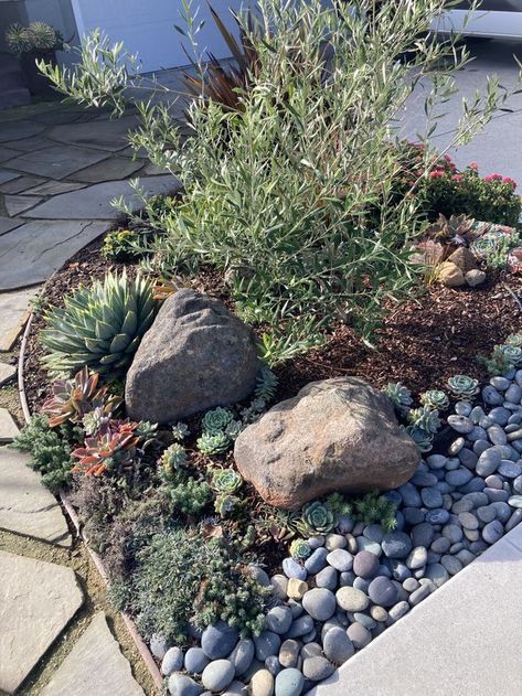 Flat Rocks For Landscaping, Large Flat Rocks In Landscaping, Plants For River Rock Bed, River Rock Landscaping Front Yard Flower Beds Garden Ideas, Garden Rocks Landscape Flower Beds, Curb Landscaping, Landscaping With Rocks Pots & Planters, Rocks For Landscaping, Xeriscape Front Yard