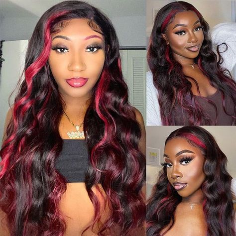 PRICES MAY VARY. Material: 1B/99j wine red Colored 13x4 Burgundy body wave lace front wig glue, 100% Brazilian Human Hair wigs, Collect from Young Girls, Can be dyed and re-straightened and curled. No Shedding and Tangle Free 1B/99j Colored Highlight wig: Highlight burgundy wig human hair, The perfect blend of wine red and black to suit all skin tones and clothing styles and occasions, the highlight position will maintain the perfect line no matter how you separate, and the highlight position ca Skunk Strip, Burgundy Wig, Burgundy Highlights, Wig Glue, Body Wave Lace Front Wig, Highlight Wig, Wave Lace Front Wig, Balayage Color, Human Wigs