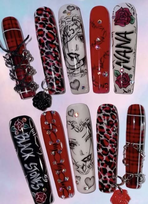 Nana Nails, Anime Nail, Daisy Acrylic Nails, Summer Nails Art, Nail Nail Designs, Lace Nail Art, Scene Girl, Acrylic Nails Ideas, Punk Nails