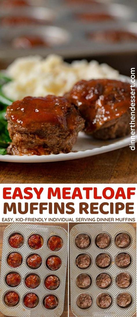 Meatloaf Muffins are a quick and easy kid-friendly meatloaf recipe with sweet ketchup glaze. #dinner #meatloaf #groundbeef #muffins #ketchup #meatloafmuffins #dinnerthendessert Cupcake Meatloaf Recipes, Simple Kid Friendly Meals, Kid Supper Ideas, Kid Favorite Dinners Easy Meals, Ground Beef Recipes Kid Friendly, Ground Beef Kid Friendly Recipes, Quick Easy Kid Friendly Meals, Recipes With Ketchup, Simple Meatloaf Recipes