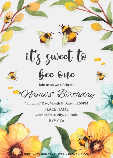 Free First Bee Day Birthday Invitation Templates - Editable .Docx #free #freeinvitation2019 #birthday #disney #invitations #invitationtemplates Invitation Template Free Editable, Bee Party Invitations, Bee Birthday Party Invitations, Fun To Bee One Birthday Invitation, Bee Day Invitation Template, Happy Bee Day Invitations, Bee Themed Birthday Party, Bee Invitations, Bumble Bee Birthday