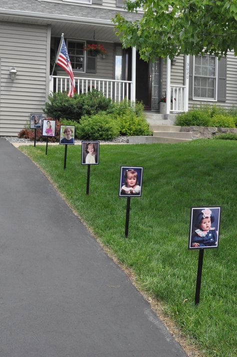 Graduation Party - Line the drive with pictures to watch the graduate grow up right before your eyes. Love this idea! This was Fun also! Creative Graduation Party Ideas, Backyard Graduation Party, Trunk Party, Graduation Open Houses, 8th Grade Graduation, Anniversaire Diy, Graduation Party Ideas, High School Graduation Party, Golf Theme