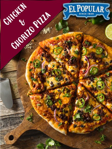 Chorizo Pizza Recipes, Chorizo Pizza, Chicken Pizza Recipes, Chicken Chorizo, Gourmet Pizza, Chicken Pizza, Mexican Food Recipes Authentic, Pizza Recipes, Creative Food