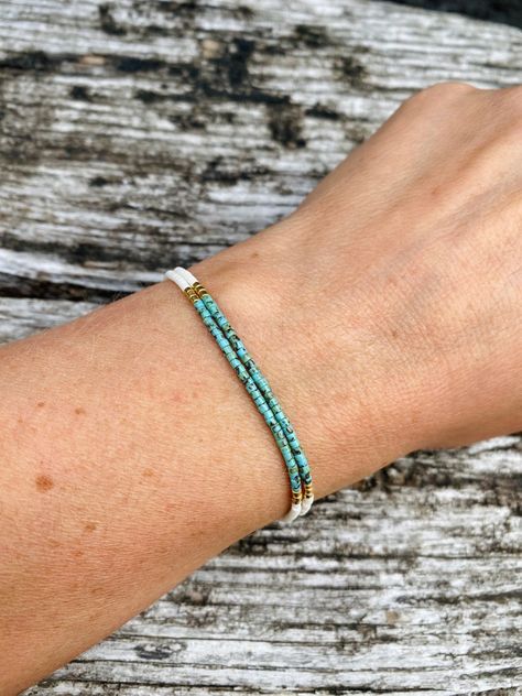 Turquoise Beaded Bracelet With Miyuki Delicas White Aqua | Etsy Minimalist Seed Bead Jewelry, Gold Beads Jewelry, Sea Glass Crafts Jewellery, Aqua And Gold, Double Bracelet, Tila Beads, Bracelet Miyuki, Miyuki Bracelet, Cord Jewelry