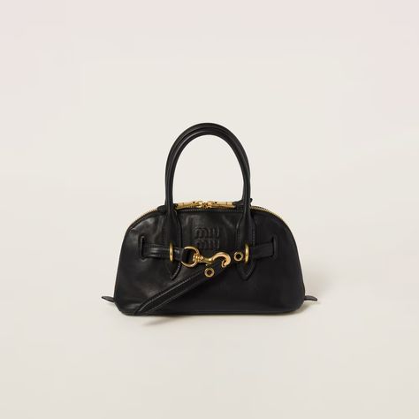 Black Aventure Nappa Leather Top-handle Bag | Miu Miu Timeless Bags, Miu Miu Bag, Miu Miu Wallet, Lettering Logo, Louis Vuitton Shoulder Bag, Leather Handles, Nappa Leather, Leather Top, Leather Handle