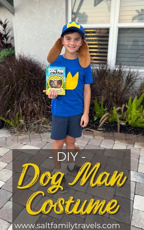 Dog Man Costume DIY - Salt Family Travels Dog Man Costume, Boys Book Character Costumes, Character Day Ideas, Kids Book Character Costumes, Diy Costumes Men, Storybook Character Costumes, Book Characters Dress Up, Dog Man Book, Book Character Day