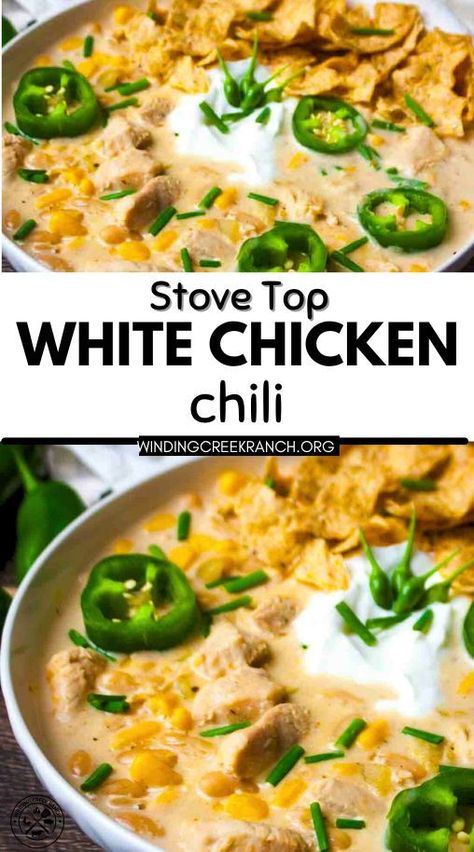 Warm up with this simple White Chicken Chili made on the stove top. This hearty one-pot meal combines tender chicken, white beans, and mild green chiles for a comforting dinner. Learn how to create a creamy, flavorful chili in under an hour. Perfect for busy weeknights or chilly evenings. Chicken Chili Stove Top, Simple White Chicken Chili, White Chicken Chili Stove Top, White Chicken Chili Creamy, Chicken Chili With Cream Cheese, Chili With Cream Cheese, White Chicken Chili Soup, White Chicken Chilli, Green Chili Soup