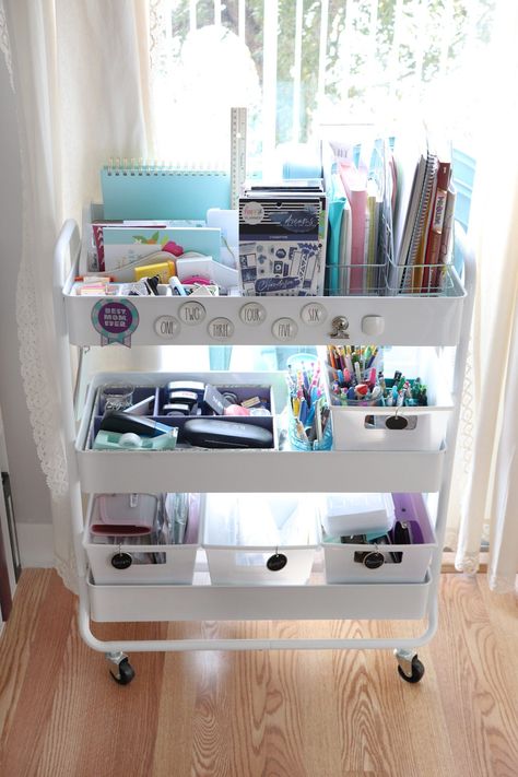 Craft Cart Organization, Happy Spring Break, Cart Organization, Shiplap Kitchen, Craft Cart, Desk Room, Dream Desk, Scrapbook Organization, Light Quilt