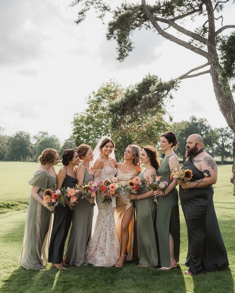 Bride and bridal party, bridesman, green bridesmaid dresses, gold maid of honour dress, wilderness reserve Gold And Green Bridal Party, Made Of Honor Dress Maid Of Honour, Bridal Party Forest Green, Green And Champagne Bridesmaid Dresses, Maid Of Honor Dress Green, Green Maid Of Honor Dress, Green And Gold Bridesmaid Dresses, Green And Pink Bridesmaid Dresses, Gold Maid Of Honor Dress