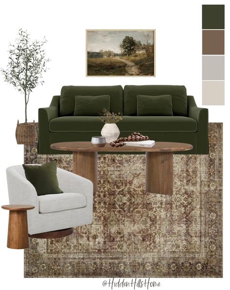 Brown And Green Living Room, Green Couch Living Room, Green Sofa Living Room, Earthy Living Room, Shah Alam, Green Sofa, Neutral Living Room, Brown Living Room, Living Room Green