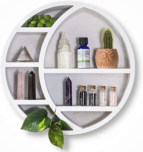 Shelves For Crystals, Crystal Storage, Moon Shelf, Cool Shelves, Wooden Moon, Crystal Shelf, White Wall Shelves, Occult Decor, Essential Oil Shelf