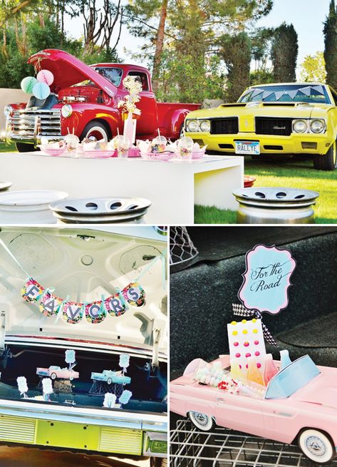 Classic Car Party, Painted License Plate, Vintage Car Party, Classic Cars Birthday Party, Rose Cake Pops, 50s Theme, In Lieu Of Gifts, Cars Birthday Party, Quince Decorations