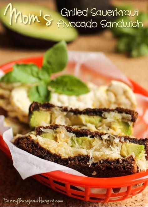 Mom's Grilled Sauerkraut Avocado Sandwich | DizzyBusyandHungry.com - Crunchy, tangy sauerkraut with creamy avocado and hummus on pumpernickel bread grilled until hot and crispy! #sandwich #avocado #hummus #vegan Pumpernickel Bread Sandwich Ideas, Avocado And Hummus, Avocado Sandwich Recipes, Sauerkraut Sandwich, Pumpernickel Bread, Grilled Avocado, Avocado Health Benefits, Gut Healing Recipes, Sauerkraut Recipes