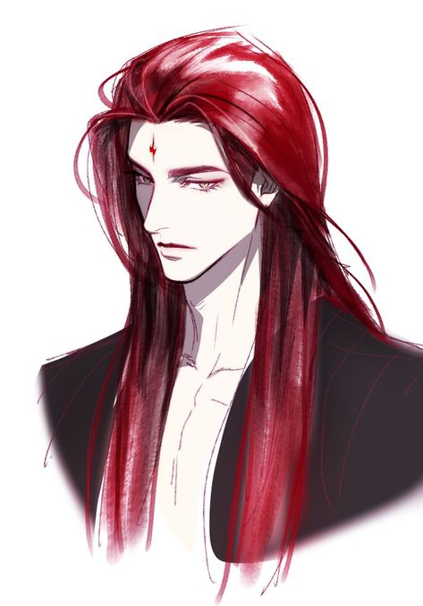 Man With Red Hair Art, Long Hair Drawing Male, Red Haired Man Art, Long Hair Man Art, Vampire Character Inspiration, Long Haired Men Drawing, Man With Long Hair Drawing, Anime Male Long Hair, Long Red Hair Men